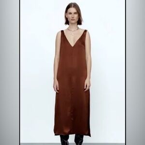 Zara Brown Satin V Neck Midi Dress